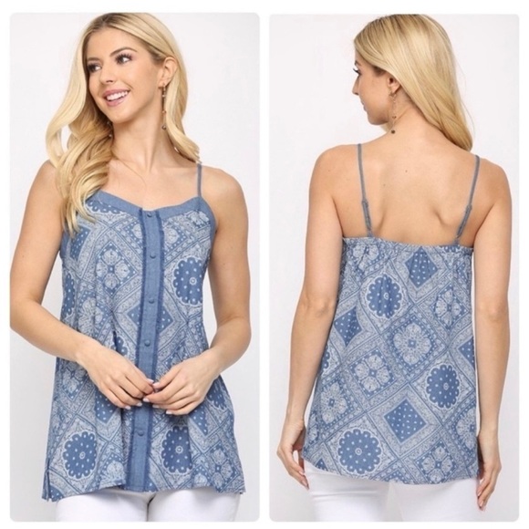GiGiO USA Pattern Print Chambray Cotton Covered Button Tank S - Picture 1 of 8